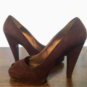 Prada Chocolate Brown Suede Peep Toe Platform Heels Size EU 37.5
